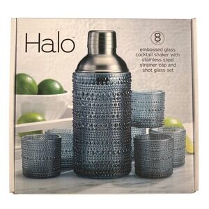 Halo 8pc Blue Embossed Glass Cocktail Shaker and Shot Glass Set Stainless Steel